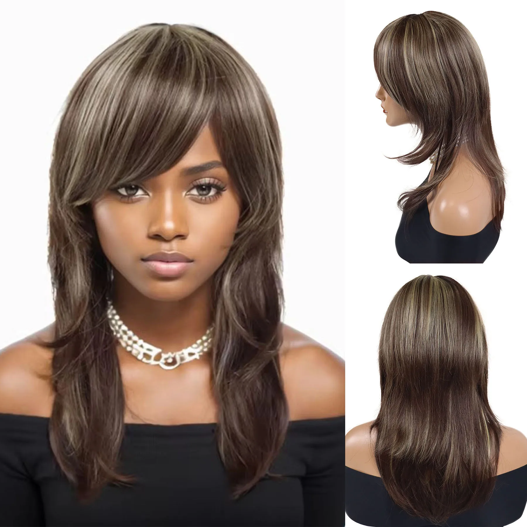 

Длинные прямые парики из синтетических волос для женщин, выделенные коричневые смешанные светлые парики с челкой, парик для мамы, повседневное использование для вечеринок