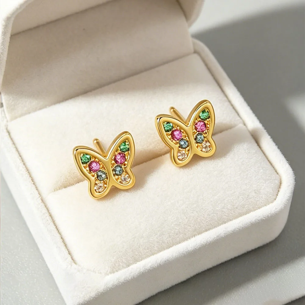 S925 Sterling Silver 14k Gold Plated Zircon Butterfly Mini Stud Earrings For Women Party Classic Fine Jewelry wholesale