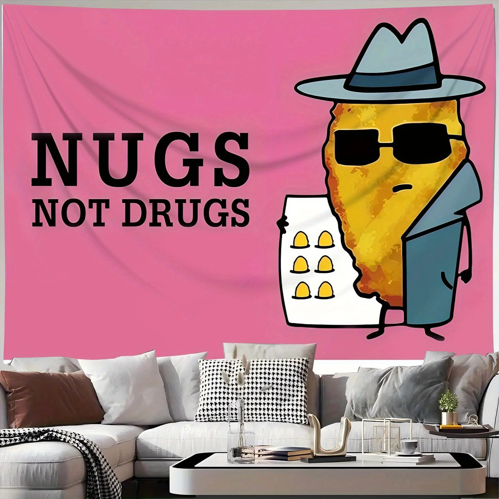Funny Chicken Nugget Tapestry, Pink Wall Hanging with Detective Character, Meme Room Decor, Dorm Bedroom Background Cloth