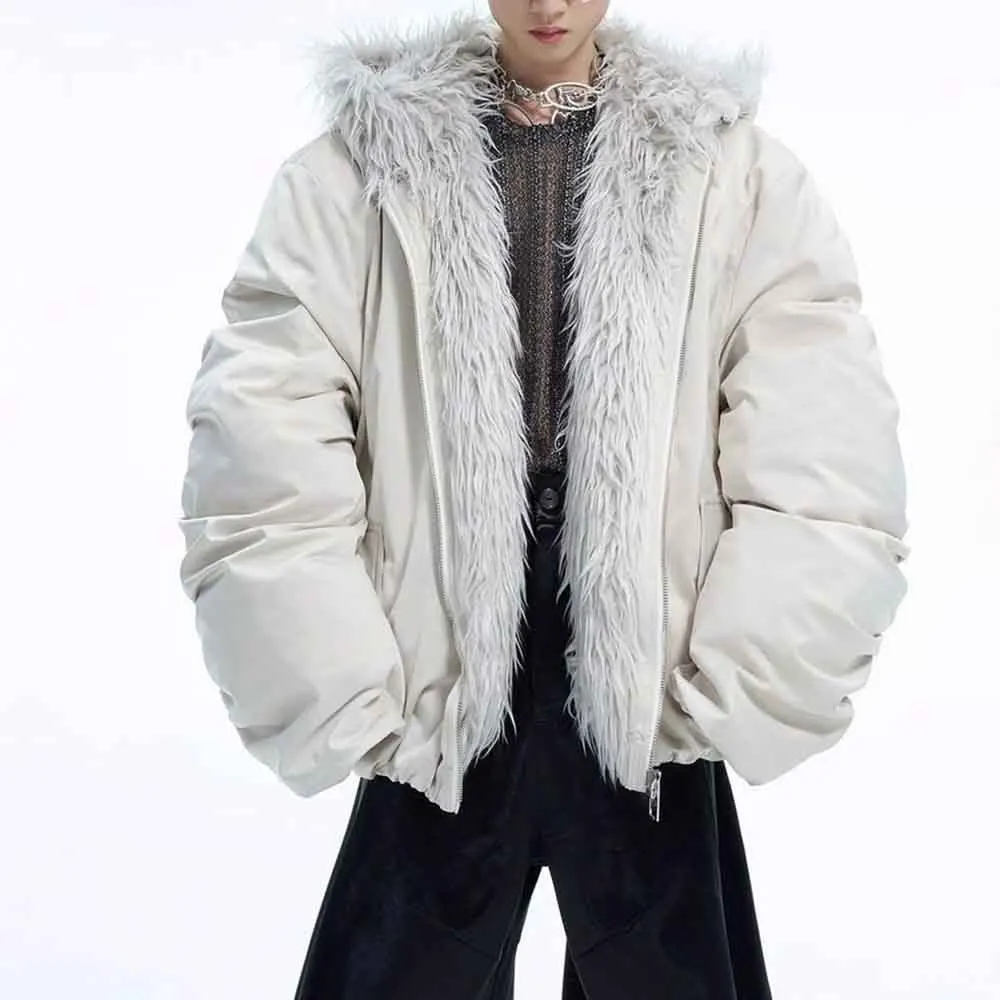 Mens Winter Jacket Furry Patchwork Hooded Cotton Jacket Fashion Casual Outdoor Versatile Comfortable Outerwear Coat 2025 New