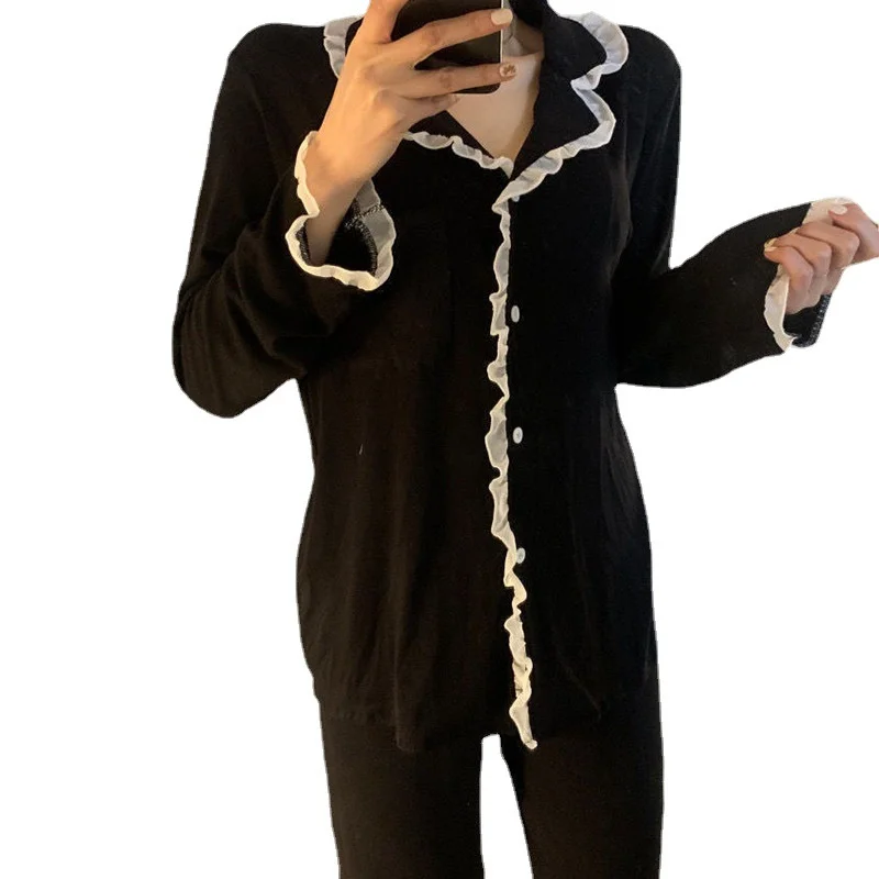 Black long-sleeved Loungewear Soft Casual Pajama Pants Two-piece Set Lace Spring and Autumn Cardigan Sweet Sleepwear for Women