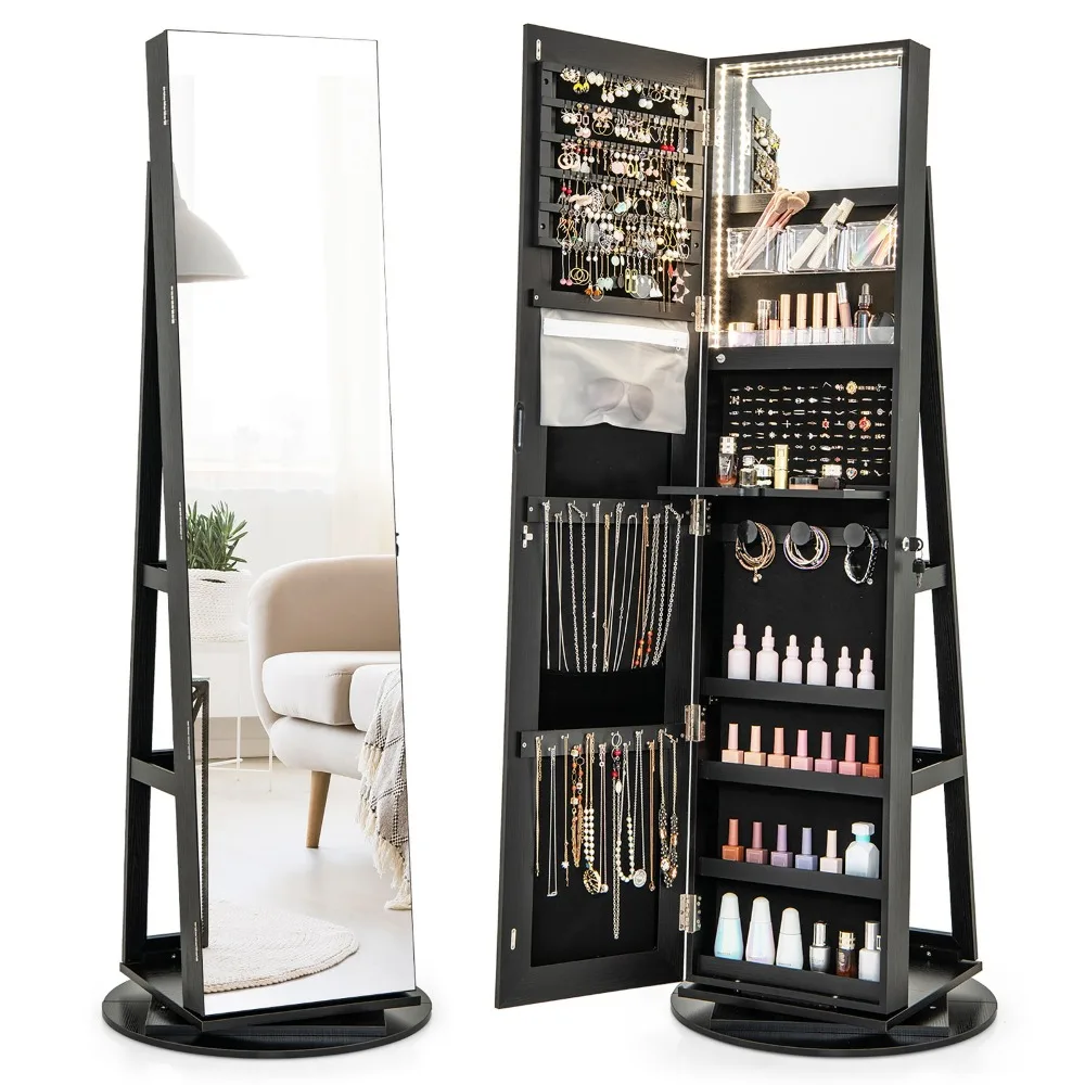 

360° Rotating Mirrored Jewelry Cabinet Armoire 3 Color LED Modes Lockable Black