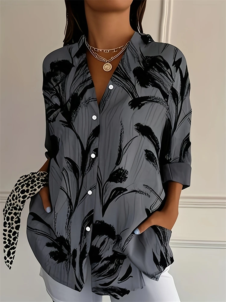 2025年秋新作 スリム レディース ボタンシャツ カジュアル カシュー フラワー プリントシャツ デイリー カジュアル 大きいサイズ ラペルシャツ