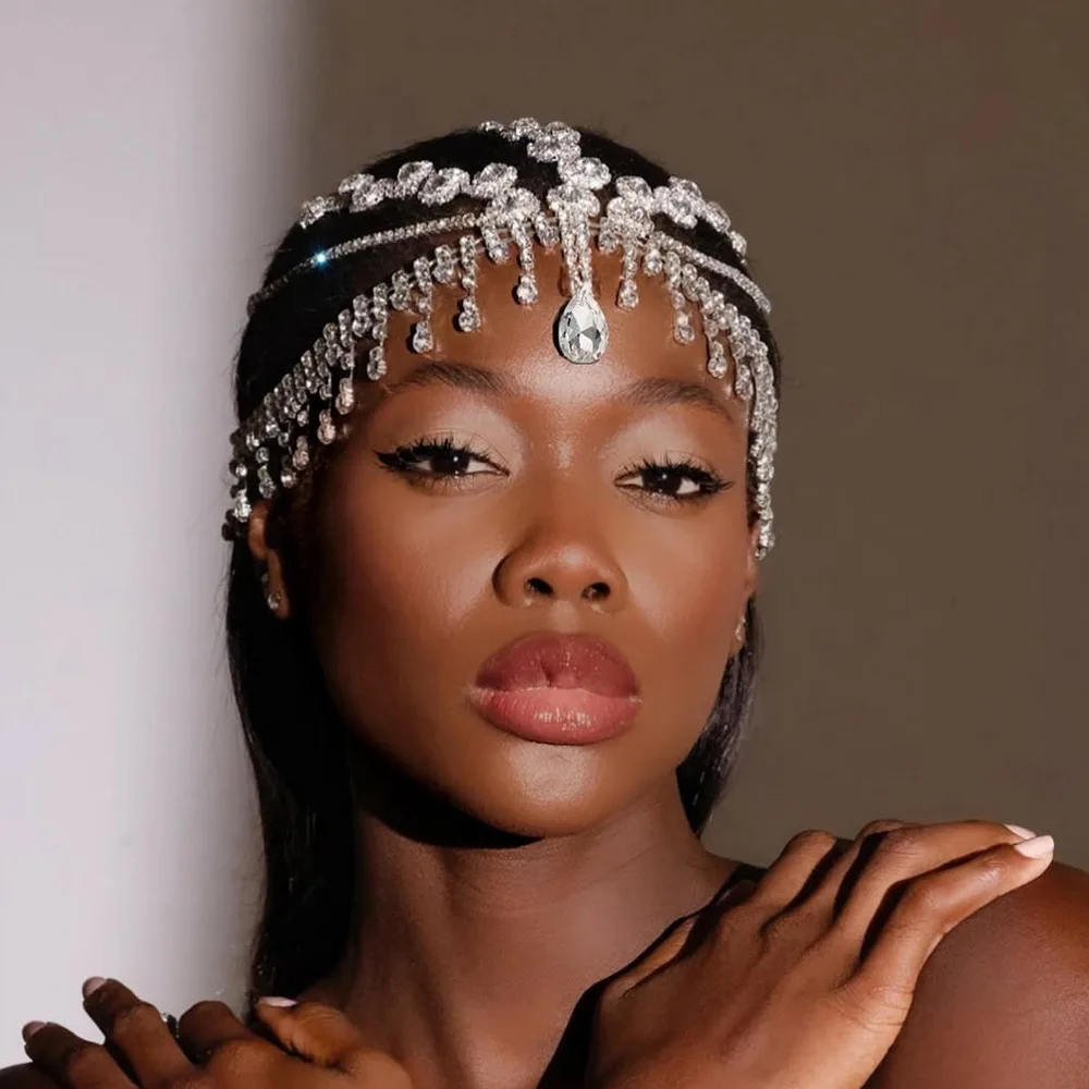 HQ مجوهرات الشعر الفاخرة حجر الراين للنساء شبكة أغطية الرأس تزيين غطاء الرأس الموضة شرابة سلسلة الشعر قلادة إكسسوارات الشعر