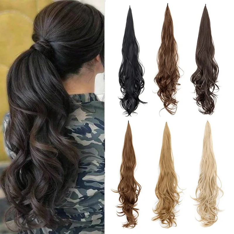

Syntheitc Long Wavy Curly Ponytail Hair Extension Flexible Wrap Around Black Blonde Hairpiece for Women