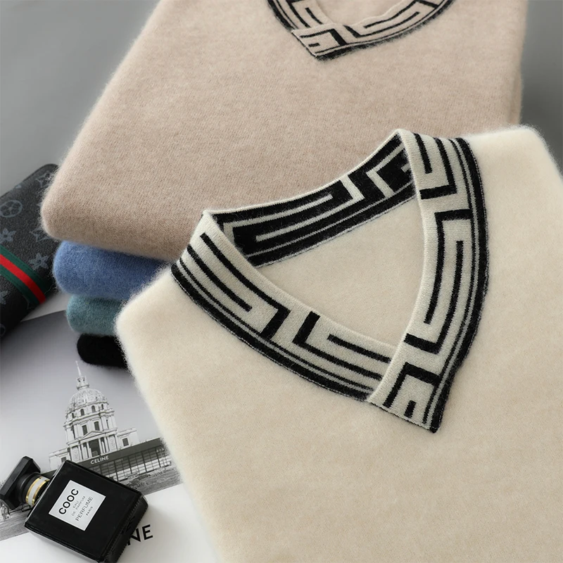 

100% Pure Wool Men's V-Neck Thick Color Matching Knitted Sweater Loose Casual Bottoming Winter Cashmere Sweater