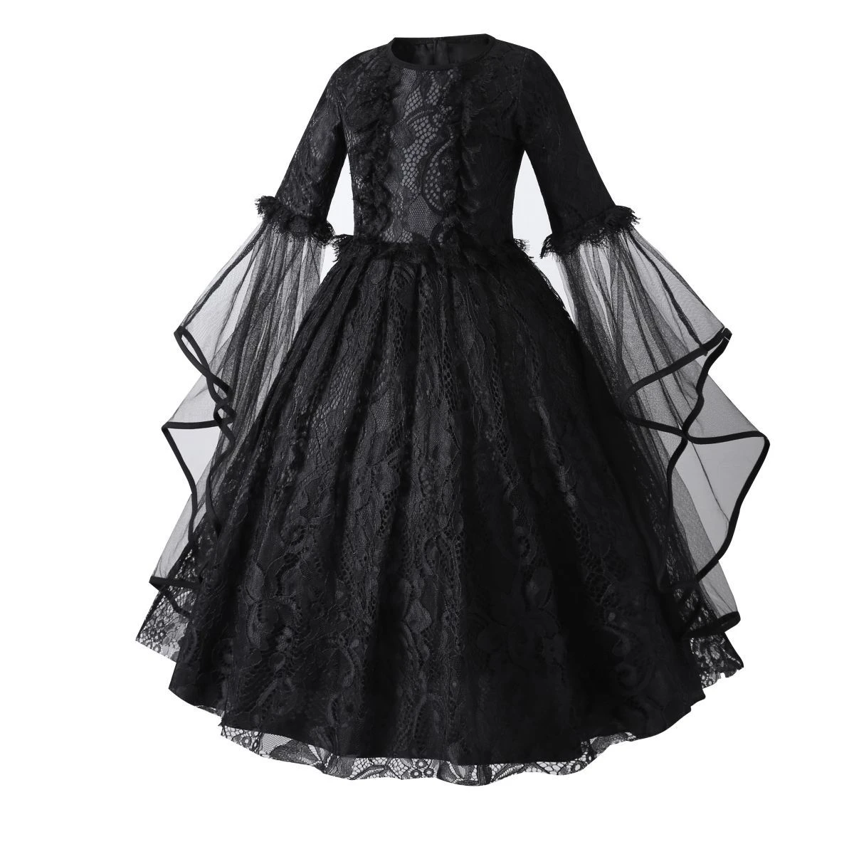 Schwarzes Spitzen-Hexen-Cosplay-Kleid-Set für Mädchen mit Kürbis-Bonbontasche für Halloween, Süßes oder Saures, Karneval, Geburtstagsfeier – Detail 4