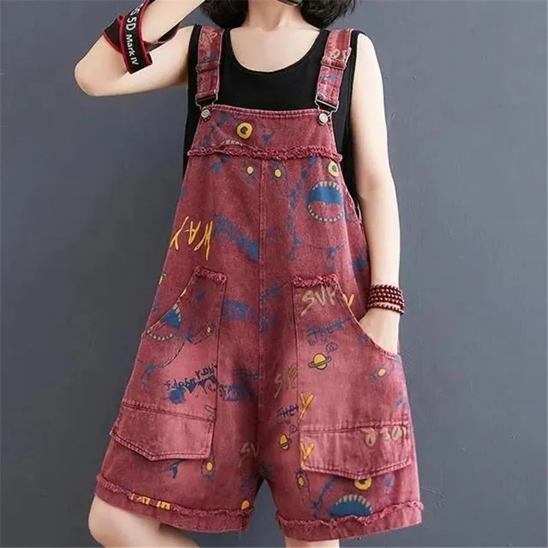 2022 Summer New Fashion Cowboy Rompers Women Bib Shorts Female Letter Printing Jeans Loose Jumpsuit Denim Five-Point Pants