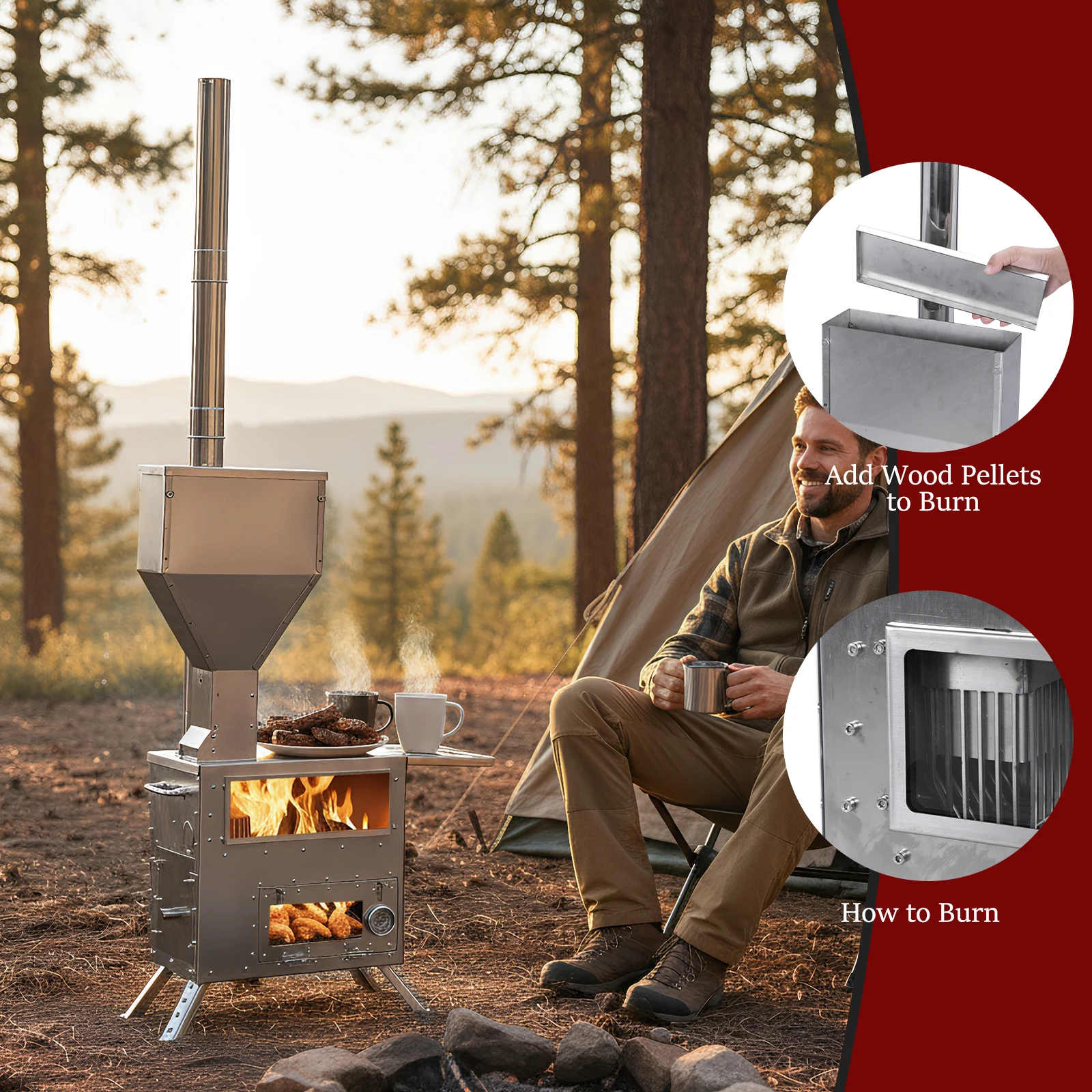 

Печь-камин на дровах с дымоходом и духовкой для обогрева и приготовления пищи на открытом воздухе, для зимней рыбалки и охоты