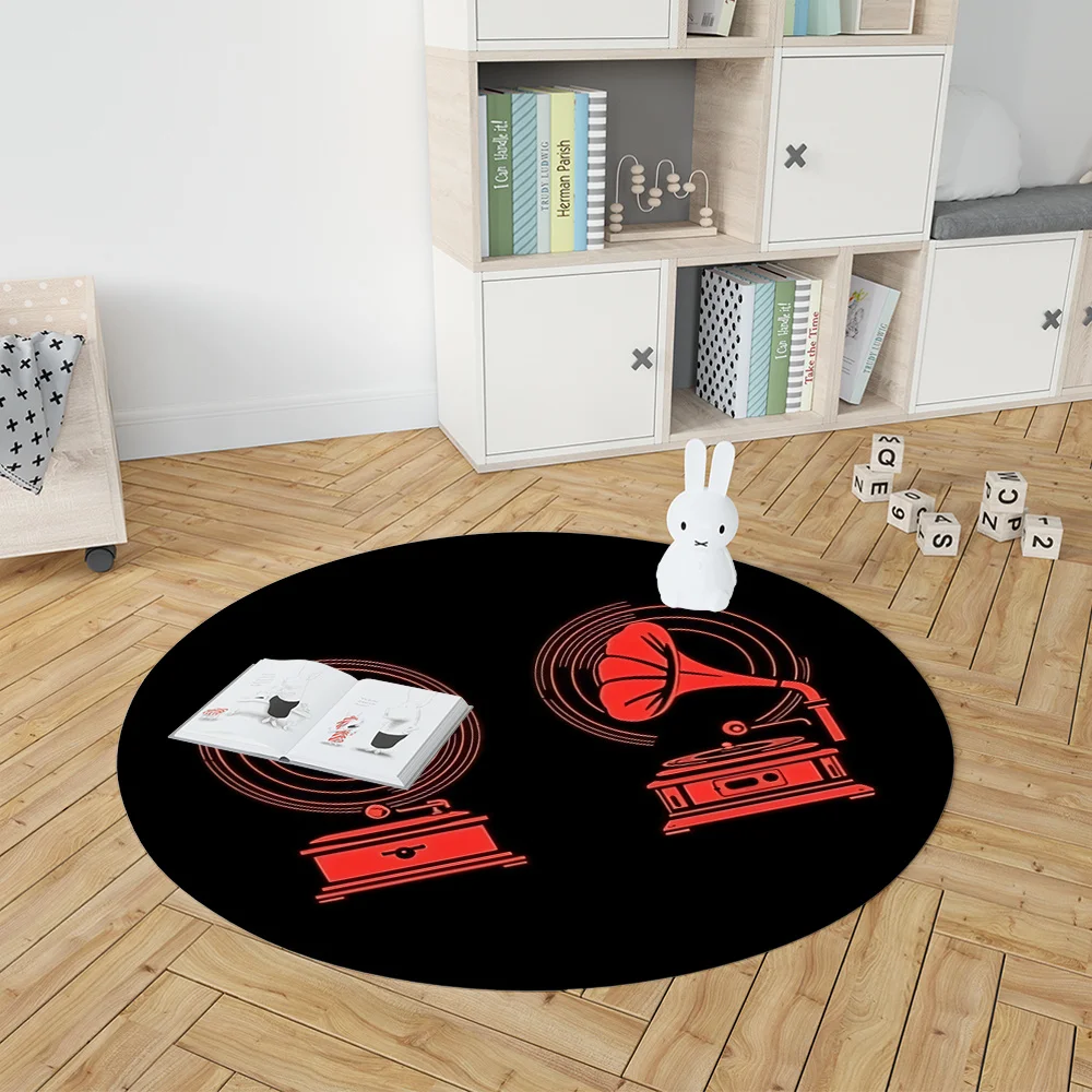 Vinyl Record Player Round Rug Flannel Music Lover Decor Retro Floor Carpet Living Room Area Rugs Non Slip Stylish Pattern