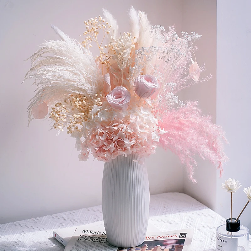 Pampas Preserved Hydrangea Rose Gypsophila Dried Flower Bouquet Home Decoration Ins Reed Photography Props Wedding Bouquet Decor