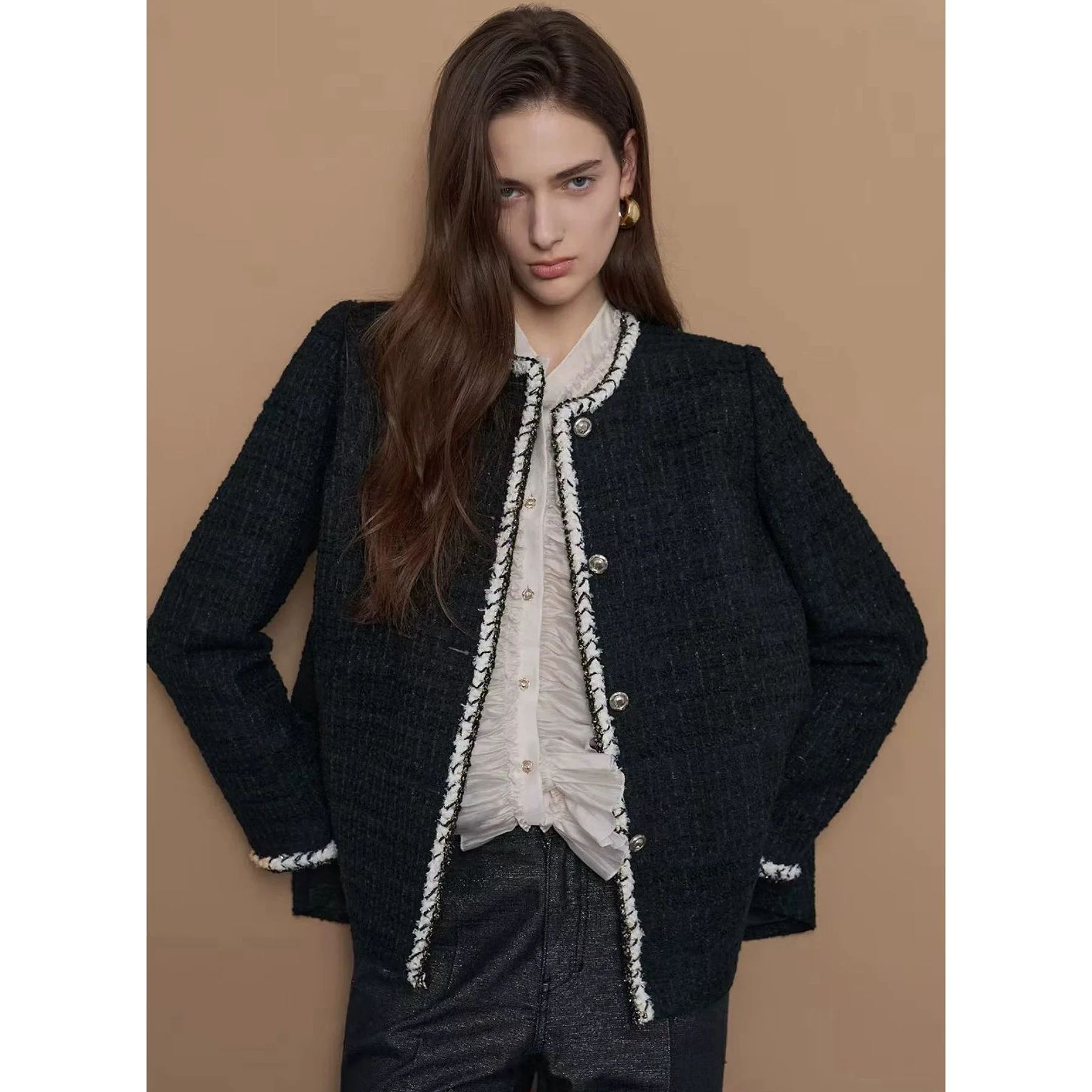 

Lemon Cheese LAN25 Autumn ort Outerwear Loose Faion round Ne Thiened Woolen Coat Thin Sle Commute Straight Tube