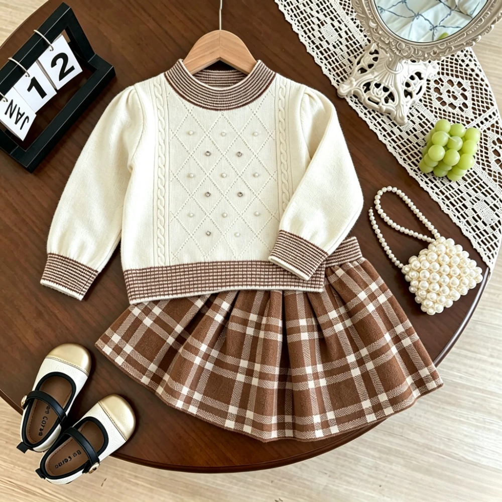 2026 Autumn and Winter Knit Sweater Toddler Girl Clothes Brown Plaid Pleated Skirt 2Pcs Set Beaded Half Collar Knitted Outfit
