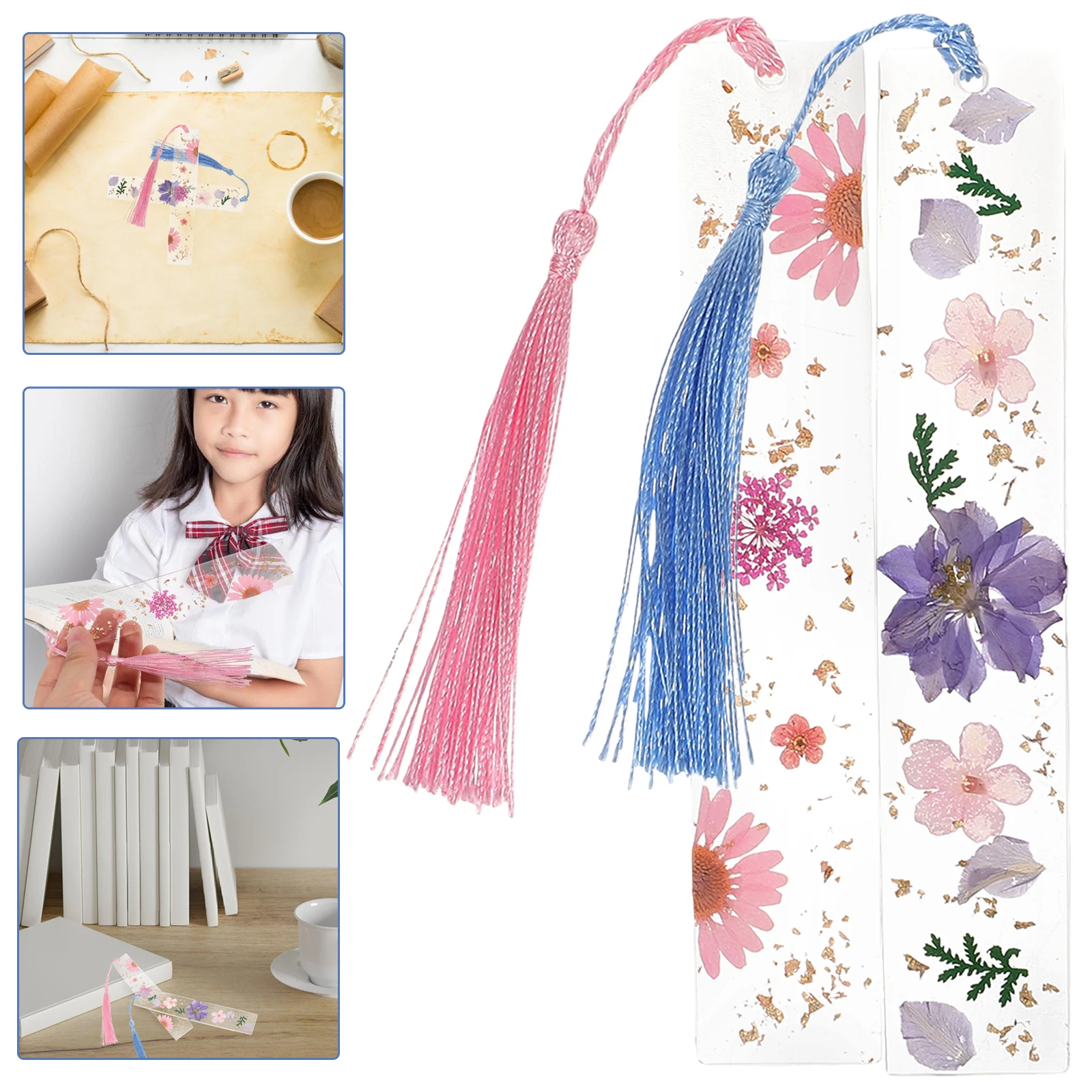 Segnalibro con fiori secchi di cancelleria da 2 pezzi Segnalibri con nappe in resina per gli amanti vintage