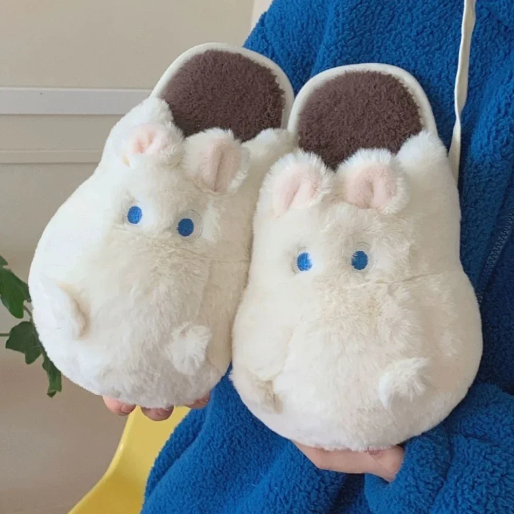 

2024 Hot New Winter Women Cute Home Plush Slipper Cartoon Hippo Warm Faux Fur Lining Fluffy Cozy Flat Non Slip Sole Ladies Shoes