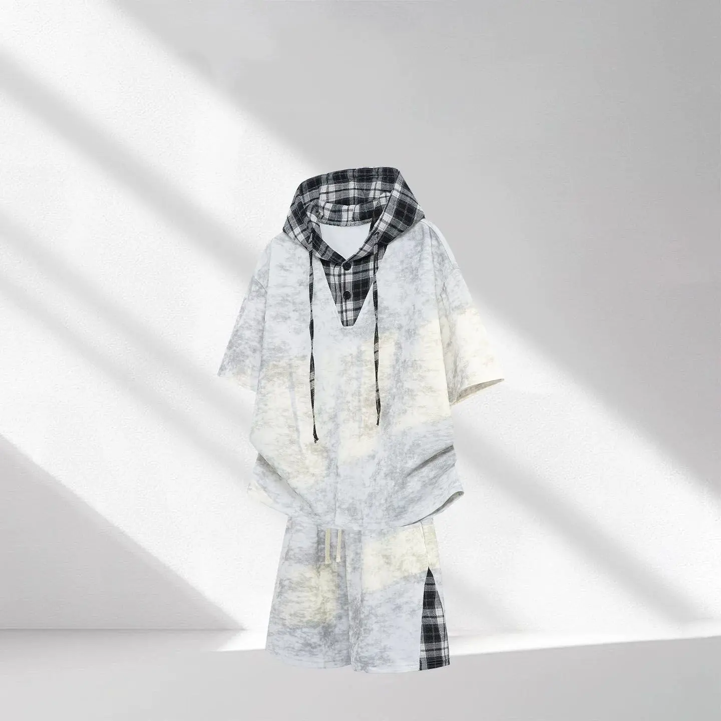 

American Plaid Splicing Tie Dye Fake Two-Piece Hooded Short Sleeve Set Men Summer Casual Two-Piece Set Polyester Fiber T-Shir...