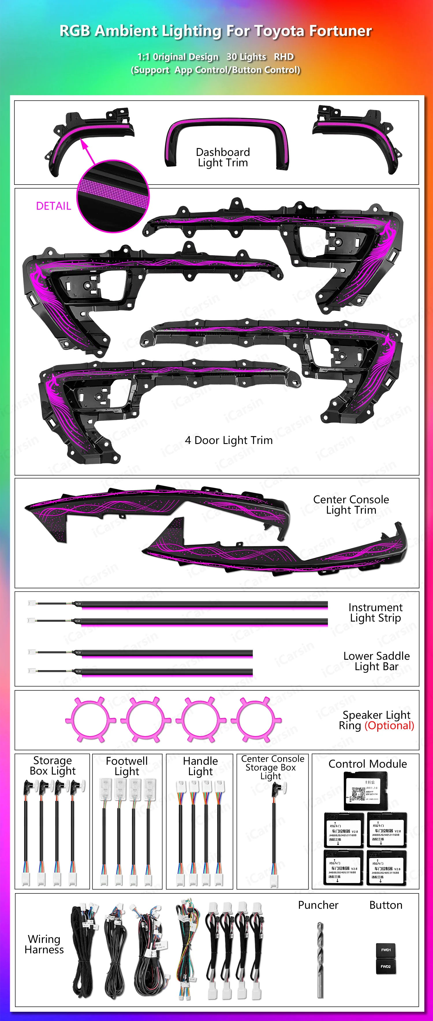 OEM Dynamic Ambient Light for Toyota Fortuner Interior Atmosphere Lighting Accessories- Carving Trim Panel