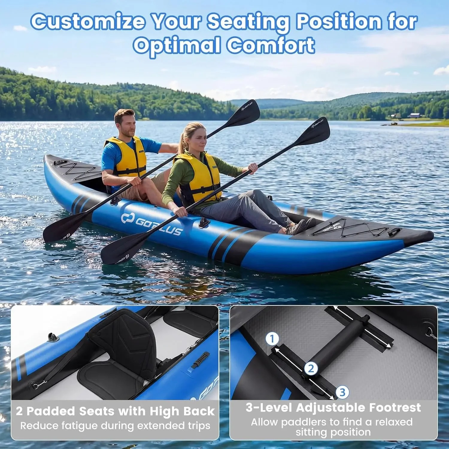 USA Stock Tandem Inflatable Kayak, 12.5FT 2-Person Kayak Set For Adults, 507 LBS Capacity, 2 Aluminium Oars, Padded Seats, 2 Fin