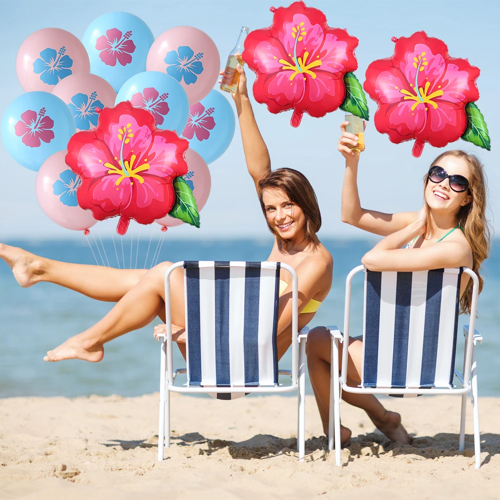 Hibiskus-Folienballon-Set in Pink, Gelb und Lila, Sommerliche Tropische Geburtstags- und Hawaii-Party-Dekoration für Babypartys