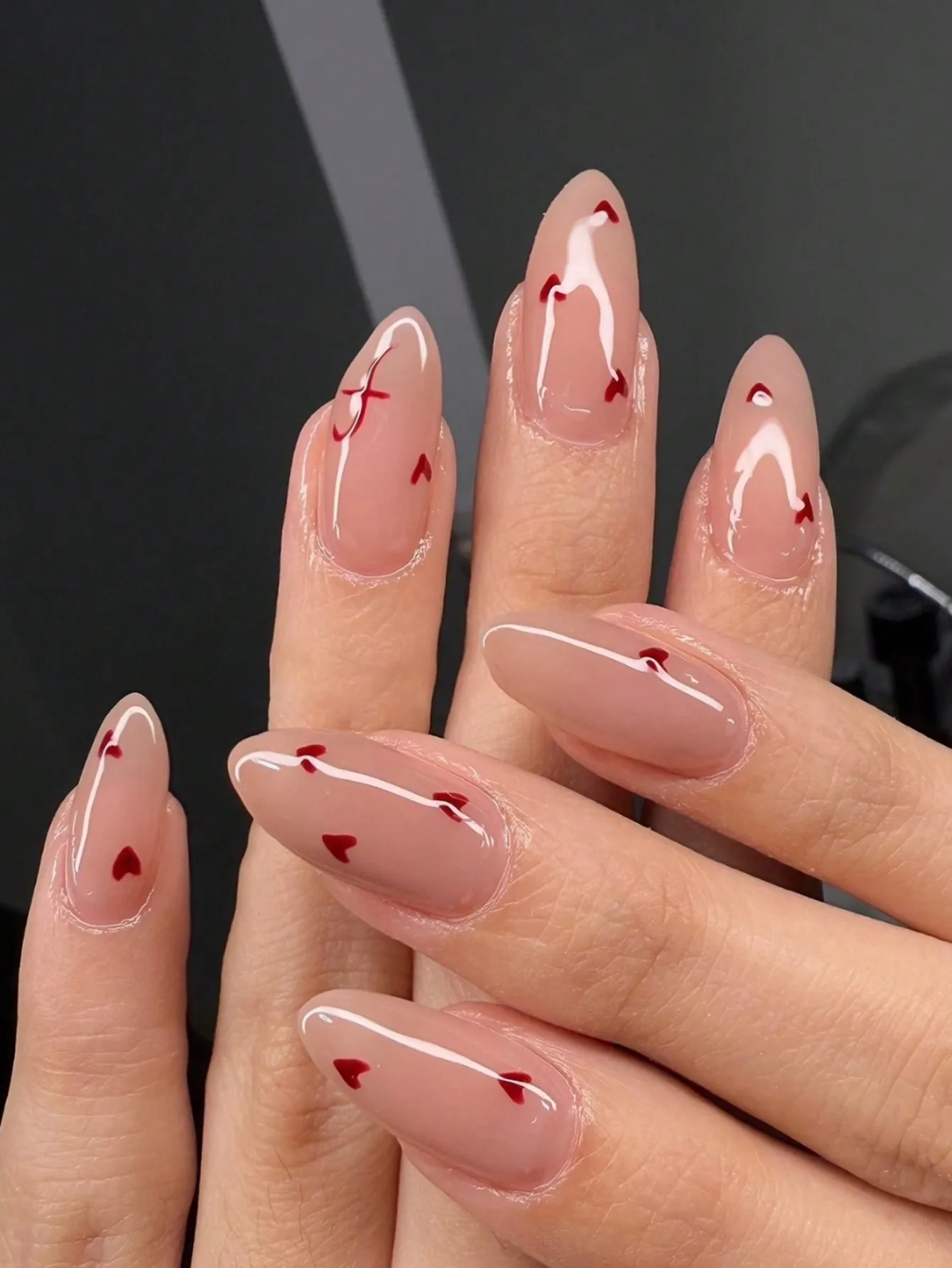 Valentines Nails 24Pcs Long Almond-Shaped Romantic Minimalist Red Heart Press-On Nails + 1 Nail File + 1 Jelly Glue Set Nail Supplies Nails