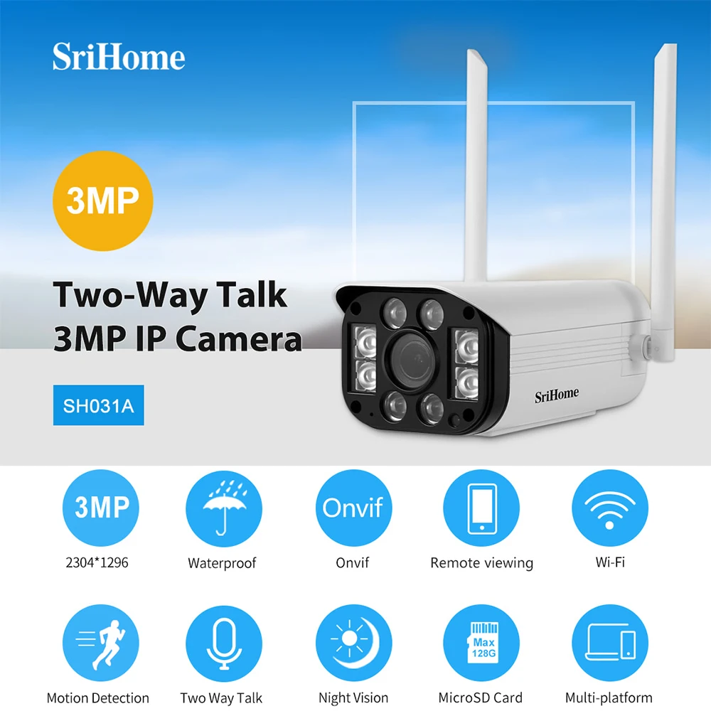 Srihome SH031 3MP 1296P IP Bullet Camera WiFi  Outdoor Night Vision Smart Home Security  Onvif CCTV Camera Video Surveillance