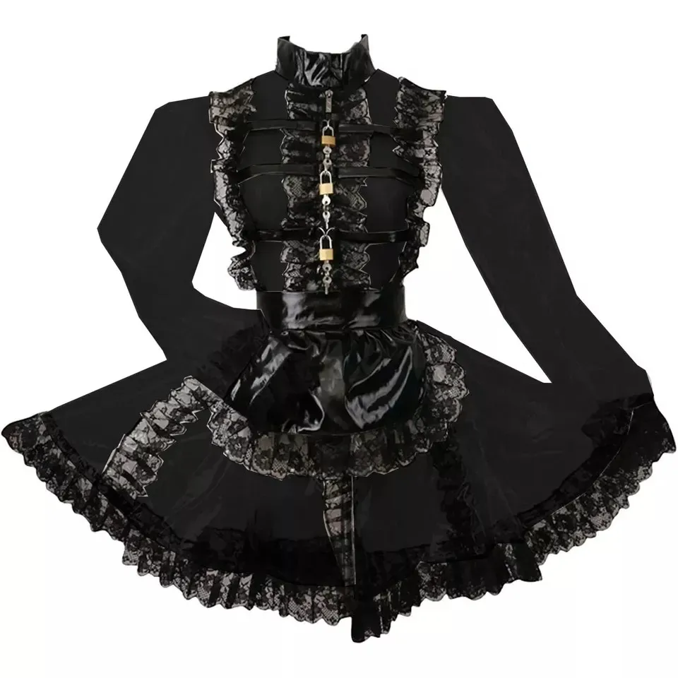 

Black Pvc lockable high neck lace dress with perspective, maid cosplay Tailor-made