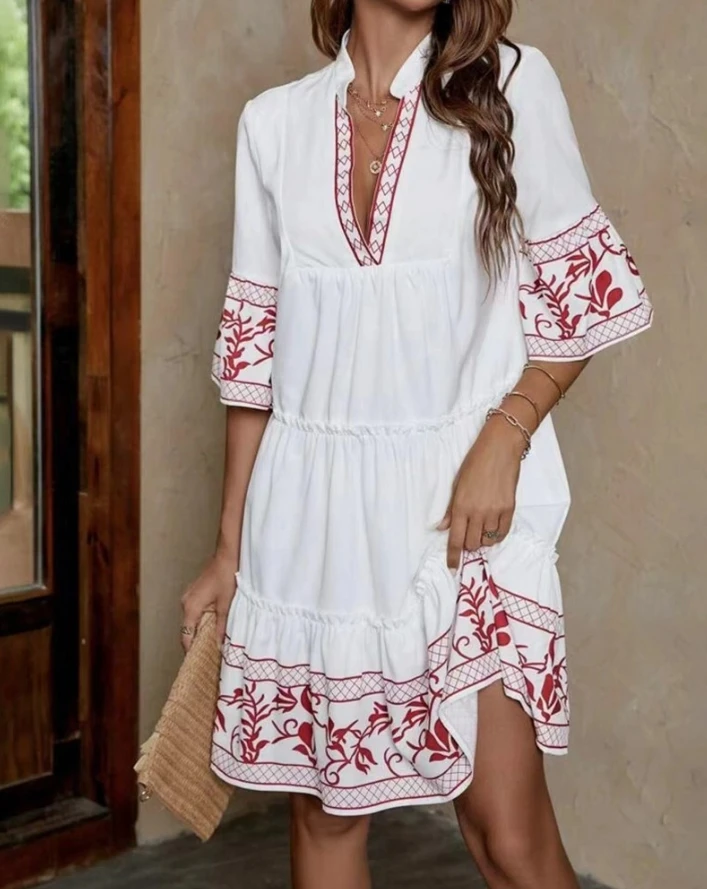 

Womens Dresses 2024 Spring Vintage Plants Embroidery Plunge Half Sleeve Casual Daily Vacation Mini Smock Dress