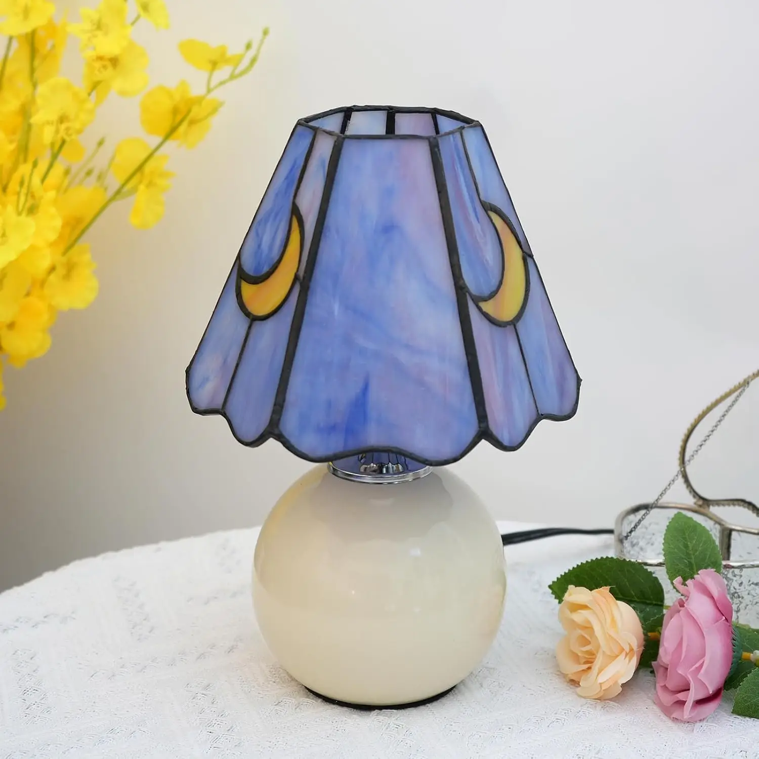 Mushroom Moon Stained Glass Table Lamp, Cute Bedside Night Light for Living Room Decor, Pink Blue Gift