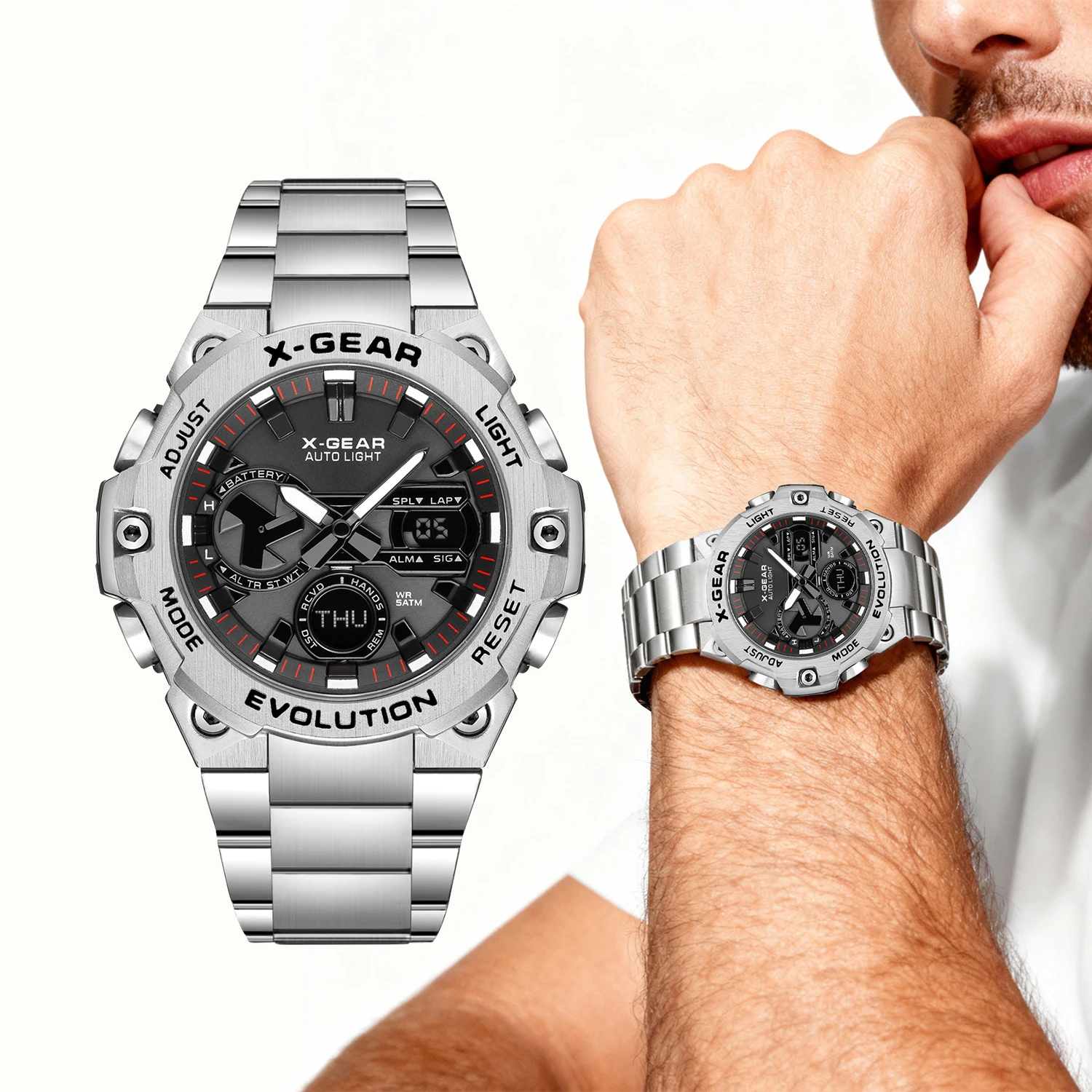 

Водонепроницаемые противоударные спортивные часы на открытом воздухе, будильник с двойным дисплеем, мужские наручные часы с ремешком из нержавеющей стали