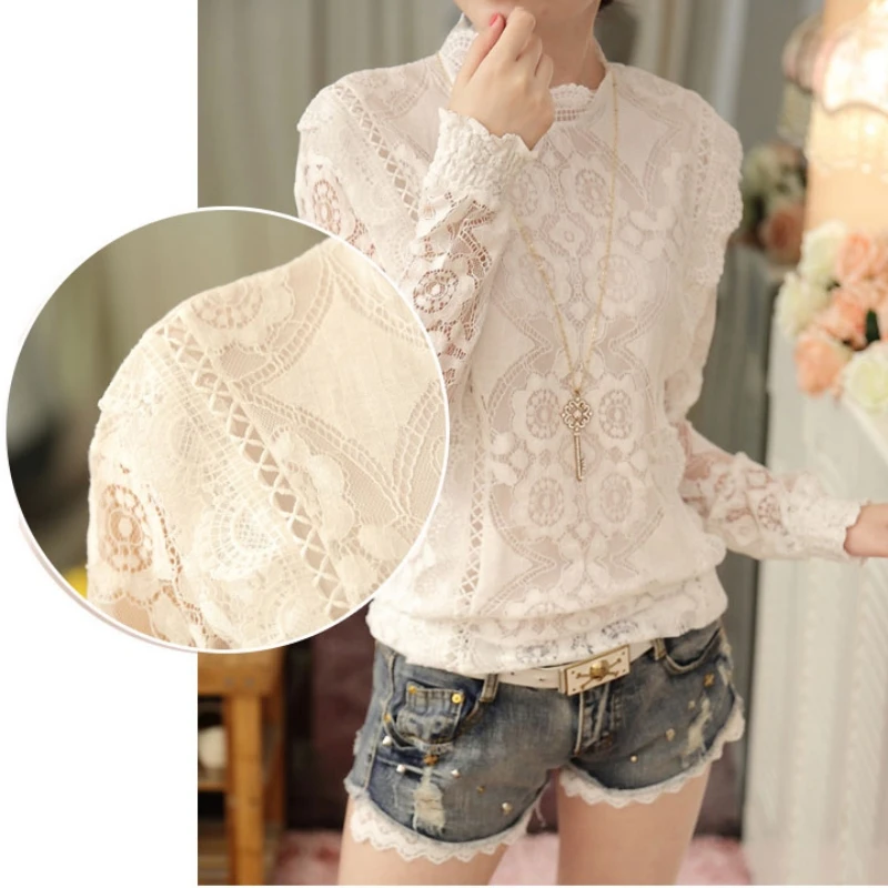 2023 Fashion Autumn Women Blouses Long Sleeve Casual Chiffon Shirts Stand Floral Lace Blouses Casaul Tops 07F