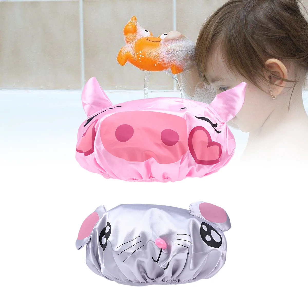 

2Pcs Children Shower Hat Waterproof Satin Baby Bathing Cap Reusable Soft Elastic Non-Slip for Kids Travel Home Use