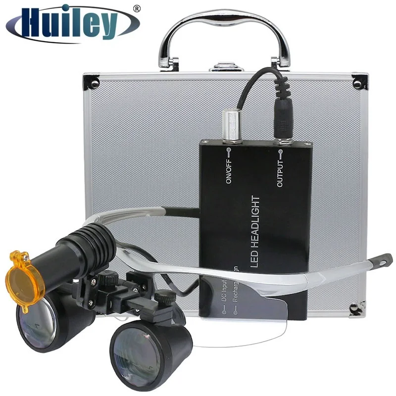 2.5X/3.5X Dental Loupe with 5W Headlght Yellow Filter Li-ion Battery 320-420 mm Binocular Magnifier with Aluminum Suitcase