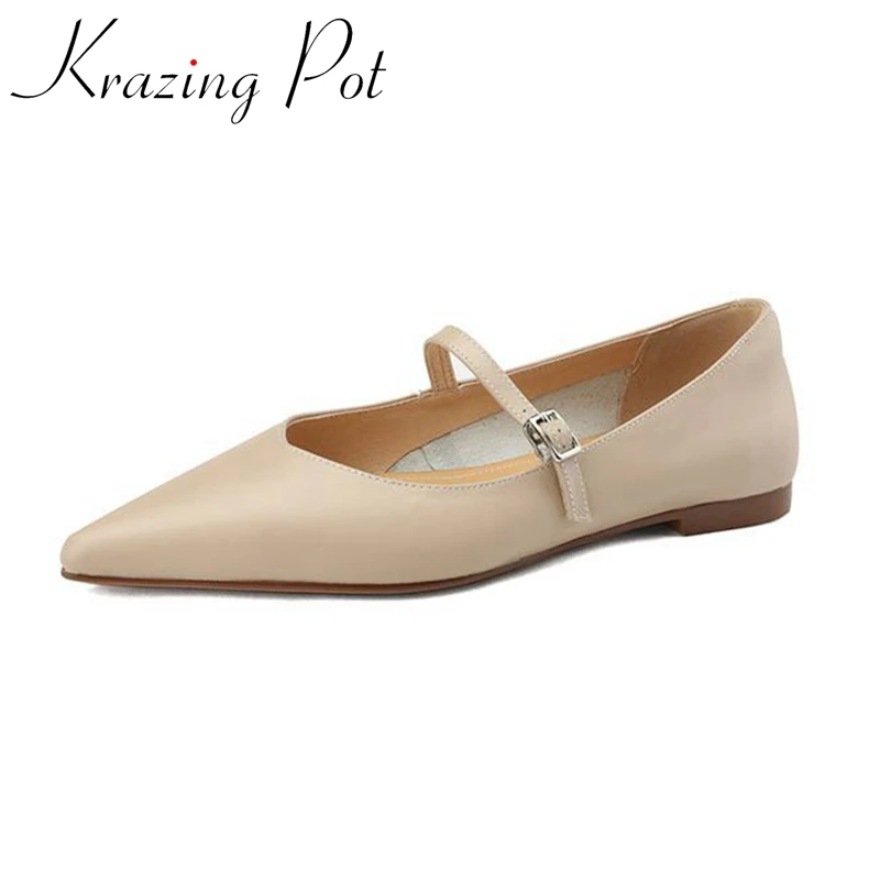 Krazing Pot New Cow Leather Pointed Toe Low Heels Spring Shoes Big Size 43 Modern Grace Wedding Buckle Strap Maiden Brand Pumps