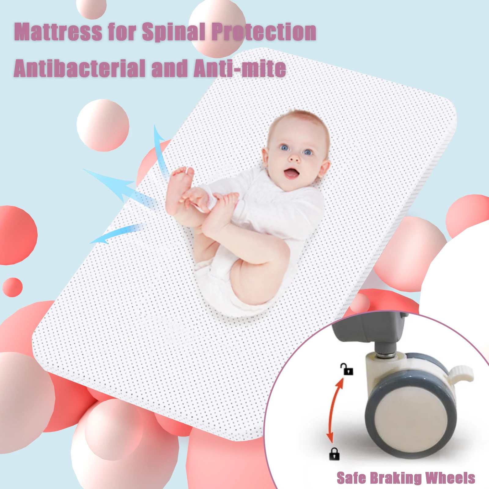 90x55cm Baby Crib Portable Splicing Cradle Bed With Wheels,Mosquito Net Foldable Height Adjustable Movable Bedside Swing Beds