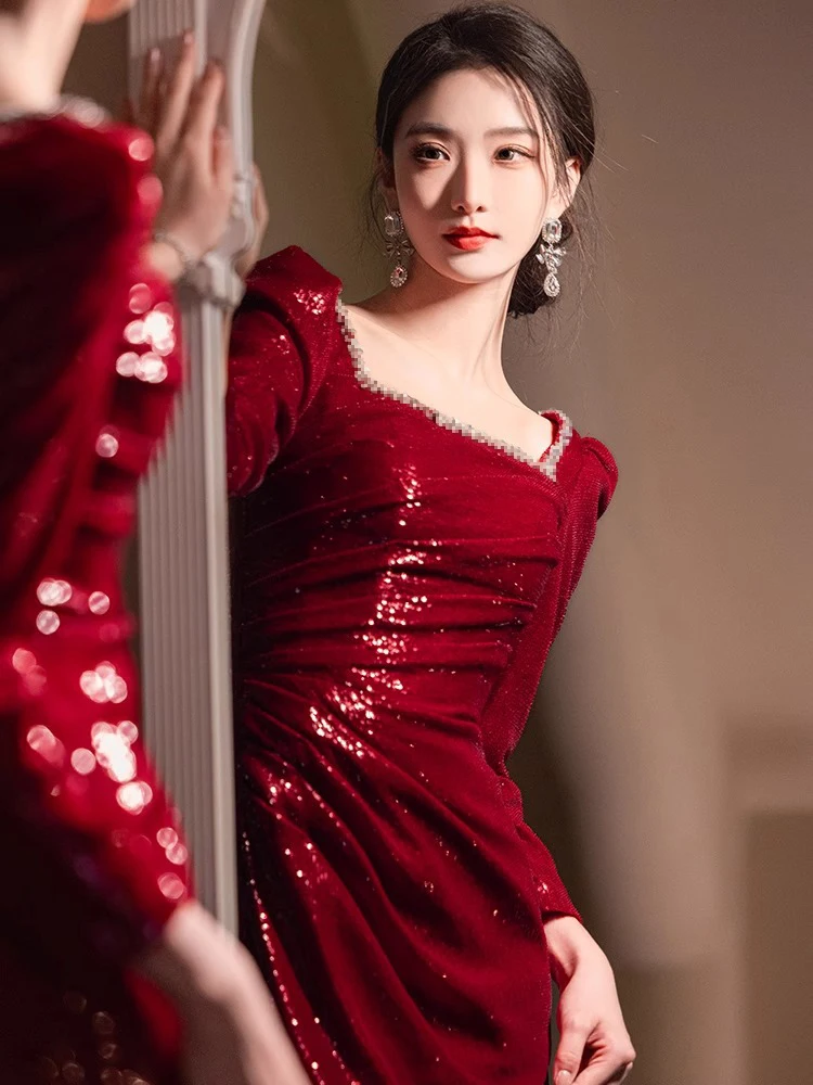 

Ele Red Sequin Bridal Gown Fi Tail Evening Dr for Wedding Reception Cany Yearly Meeting Fem High End Luxury