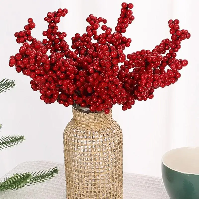 50/1Branch Red Berries Stems DIY Artificial Foam Holly Berry Stamen Fake Plants Fruit Bouquet Wreath Christmas Party Home Decor