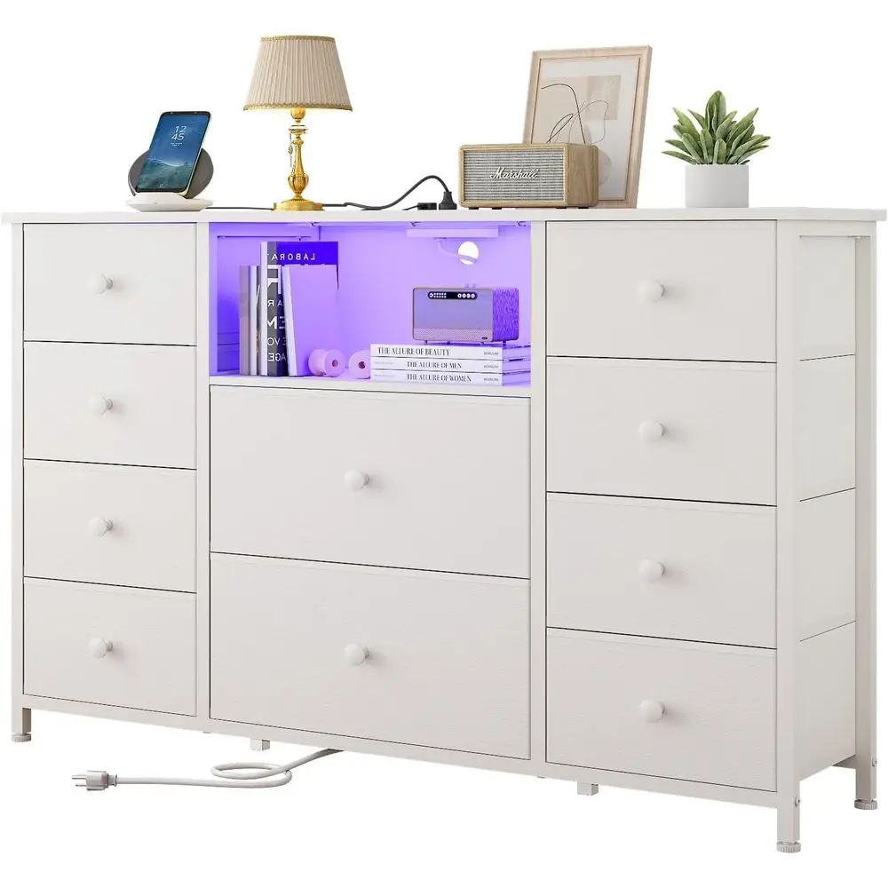Elegant TV Stand with 10 Drawers, Charging Station, LED Lights, and Fabric Chest with PU Finish, White