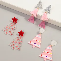 New Pink Glitter Christmas Tree Acrylic Earrings for Women Girls Cute Sweet Plant Geometric Long Dangle Earring Party Jewelry