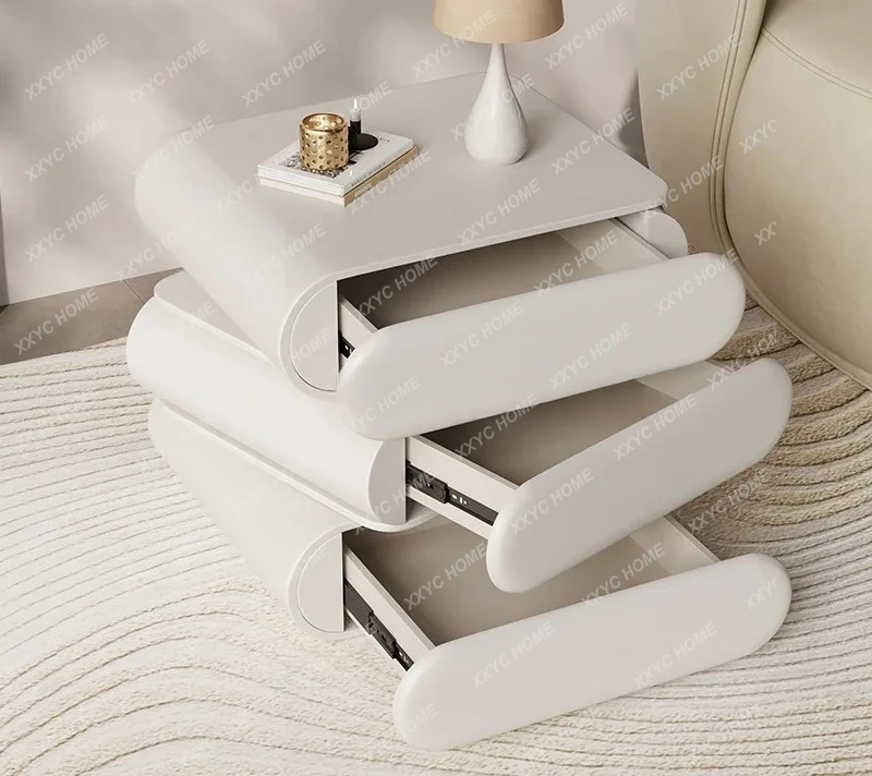 High-end Italian three-layer creative rotating bedside table solid wood leather bedside table