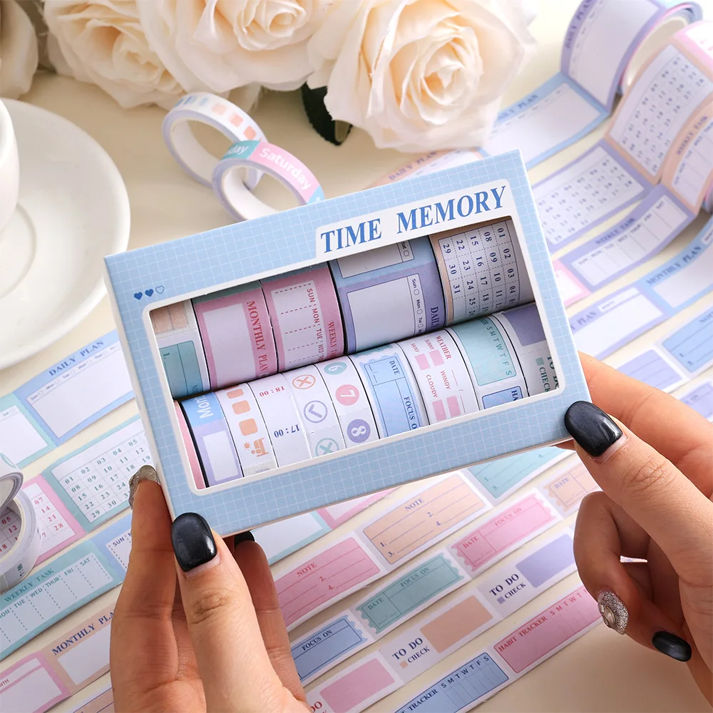 15 لفات ورق ملون ملاحظات لاصقة مجموعة الشريط 4 عرض حافة مثقوبة المسيل للدموع صندوق الشريط شهري أسبوعي مخطط الوقت الشريط مربع #2