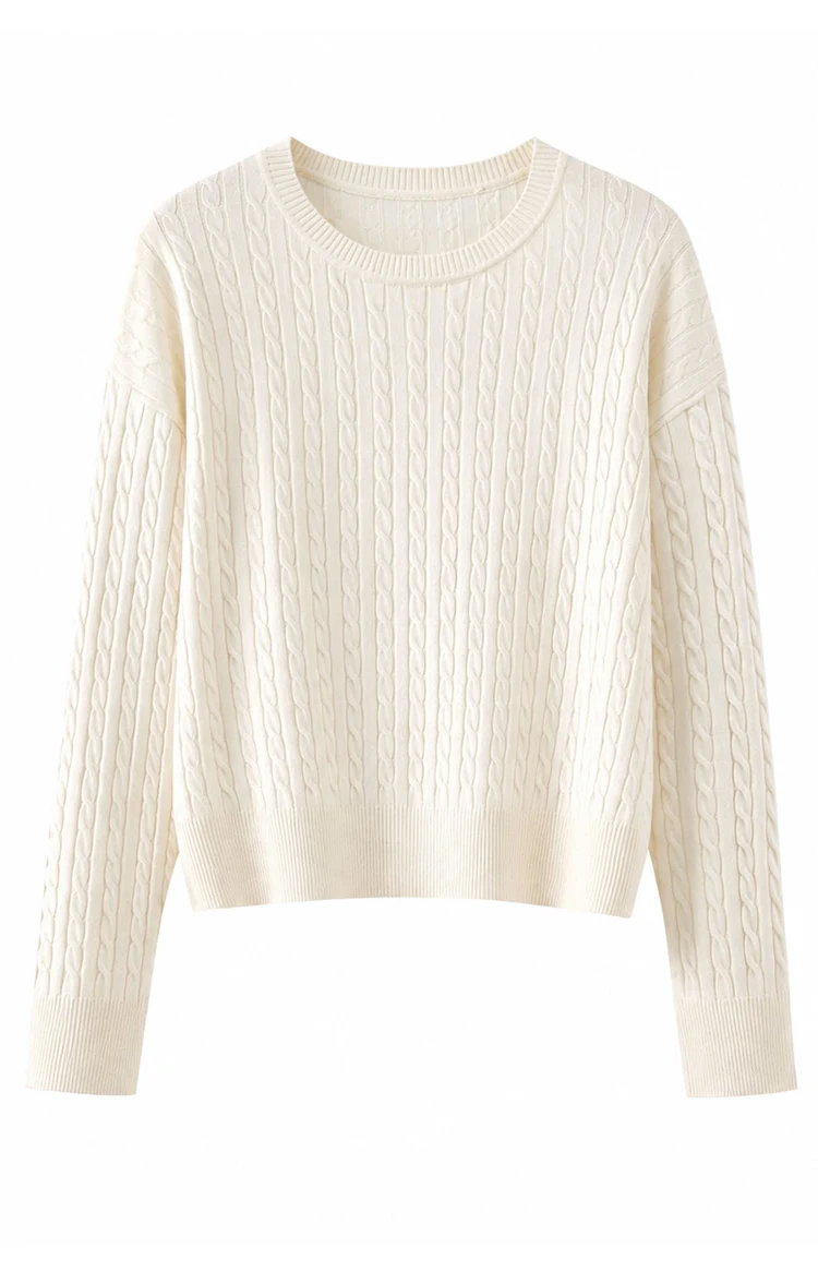ML62062 Damen Minimalistischer Zopfmuster-Pullover mit Rundhalsausschnitt, Langarm, Modal-Mischung, Weich und Warm, Herbst-Winter-Oberteil – Detail 14