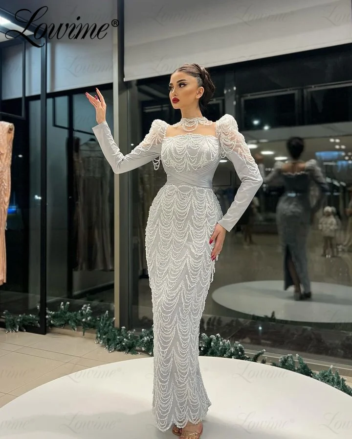 Elegant Beaded Tassel Silver Party Dress Second Reception Birthday Dress Floor Length Women Prom Dresses Custom Made Long Sleeve