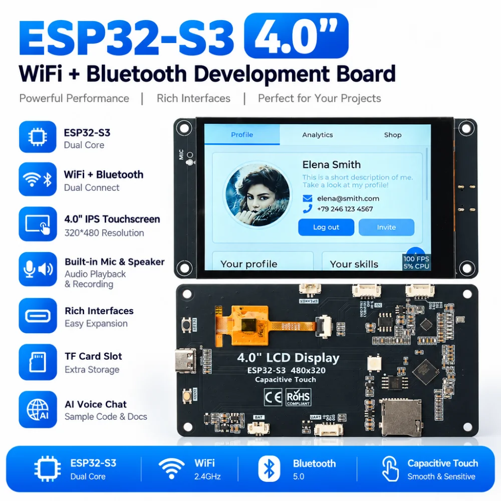 Placa de desarrollo ESP32-S3 con pantalla táctil capacitiva inteligente de 4 pulgadas, WiFi y Bluetooth, resolución de 320 x 480, módulo de chat de voz con IA y puerto tipo C.