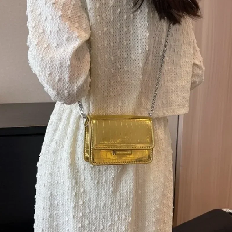 Vintage Women Silver Chic Crossbody Bag Luxury Designer Small Shoulder Bags Fashion Gold Mini Square Cute Pu Leather Handbags 가방