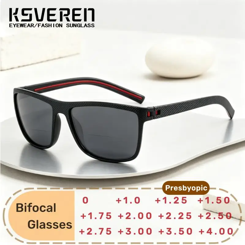 New Men Square Bifocal Reading Glasses Near Far Function Gray Sunshade Prescription Lenses Trendy Outdoor Driving Eyeglasses