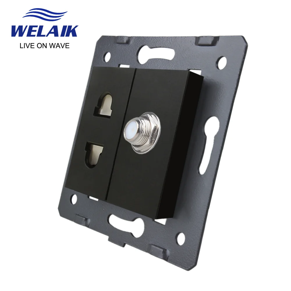 WELAIK EU Black 45*45mm TV Computer Wall Power Socket Outlet Tempering Glass Panel DIY Parts Module Gather Zone