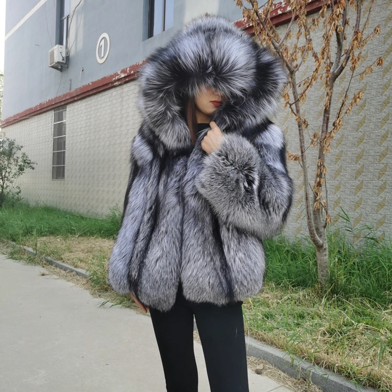 Real Silver Fox Fur Winter Jacket for Women, Natural Fox Fur Coat With Hood, Whole Skin Fur, Thick, Soft, Warm, New Fashion