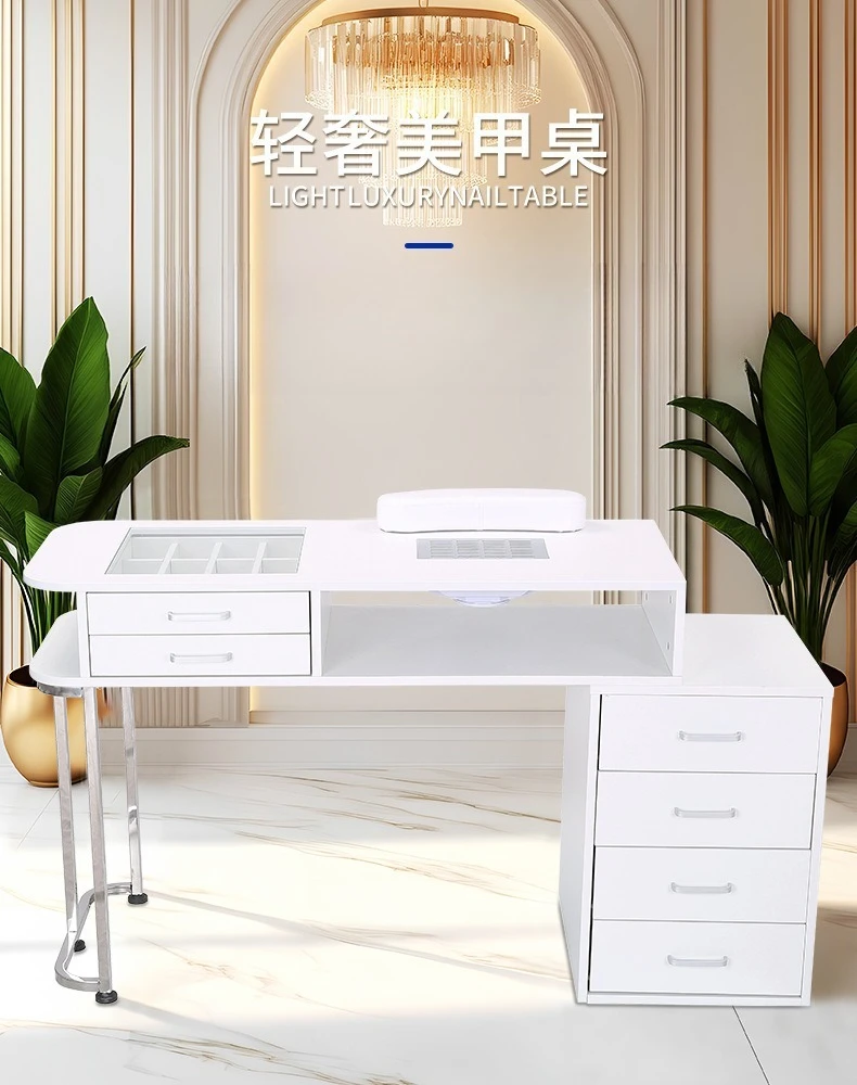 Factory Direct 2026 Double-layer manicure table with built-in vacuum cleaner, including hand rest 12 compartments of storage