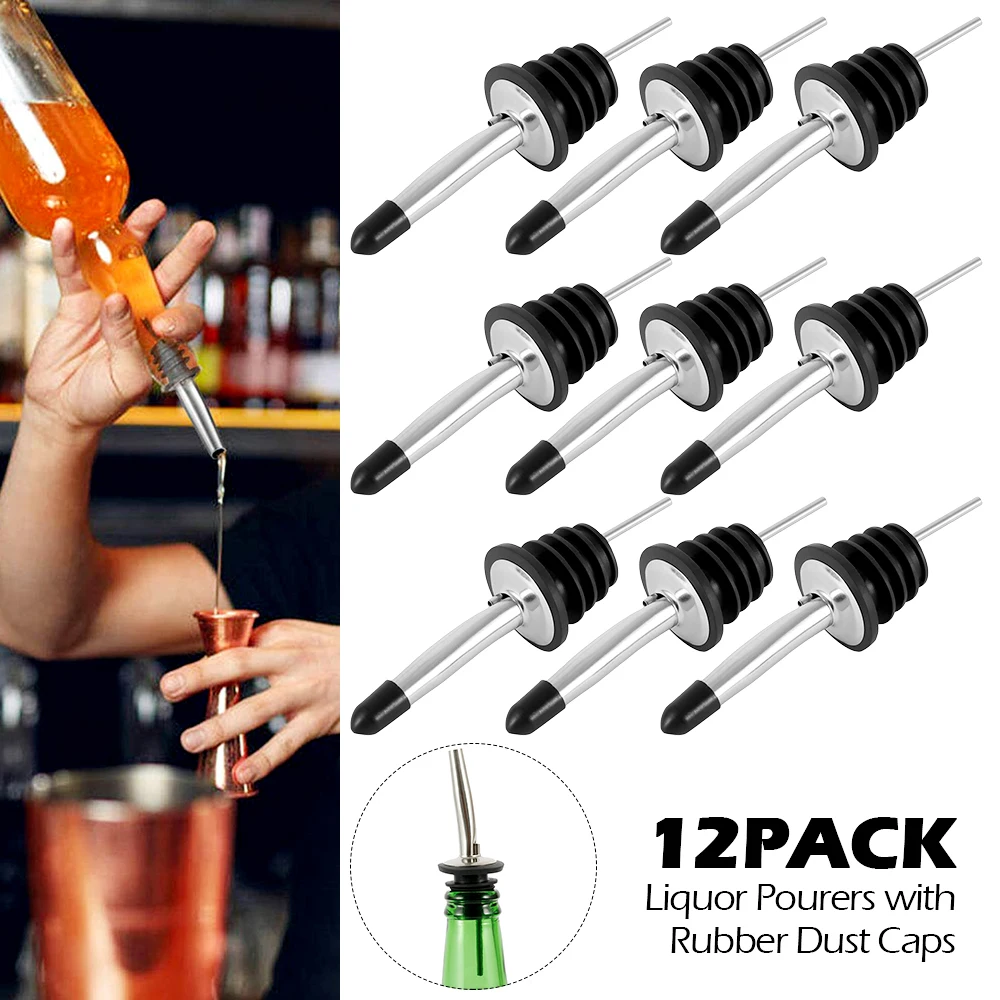 Stainless Steel Bottle Pourer Set of 12 Pouring Wine Glasses Oil Pourer Conical Wine Pourer with Dust-Proof Rubber Caps