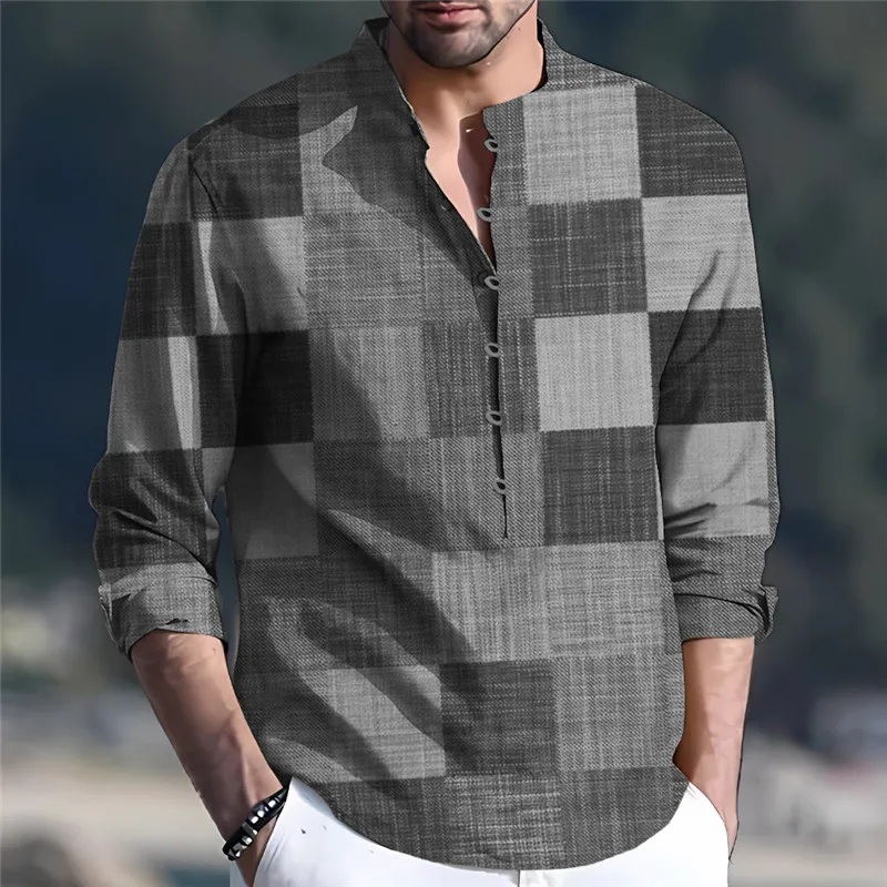 Bohemian Vintage Plaid Print Mens Shirt Cotton Linen Long Sleeve Loose Pullover Shirts Fall Casual Buttoned Stand Collar Shirts